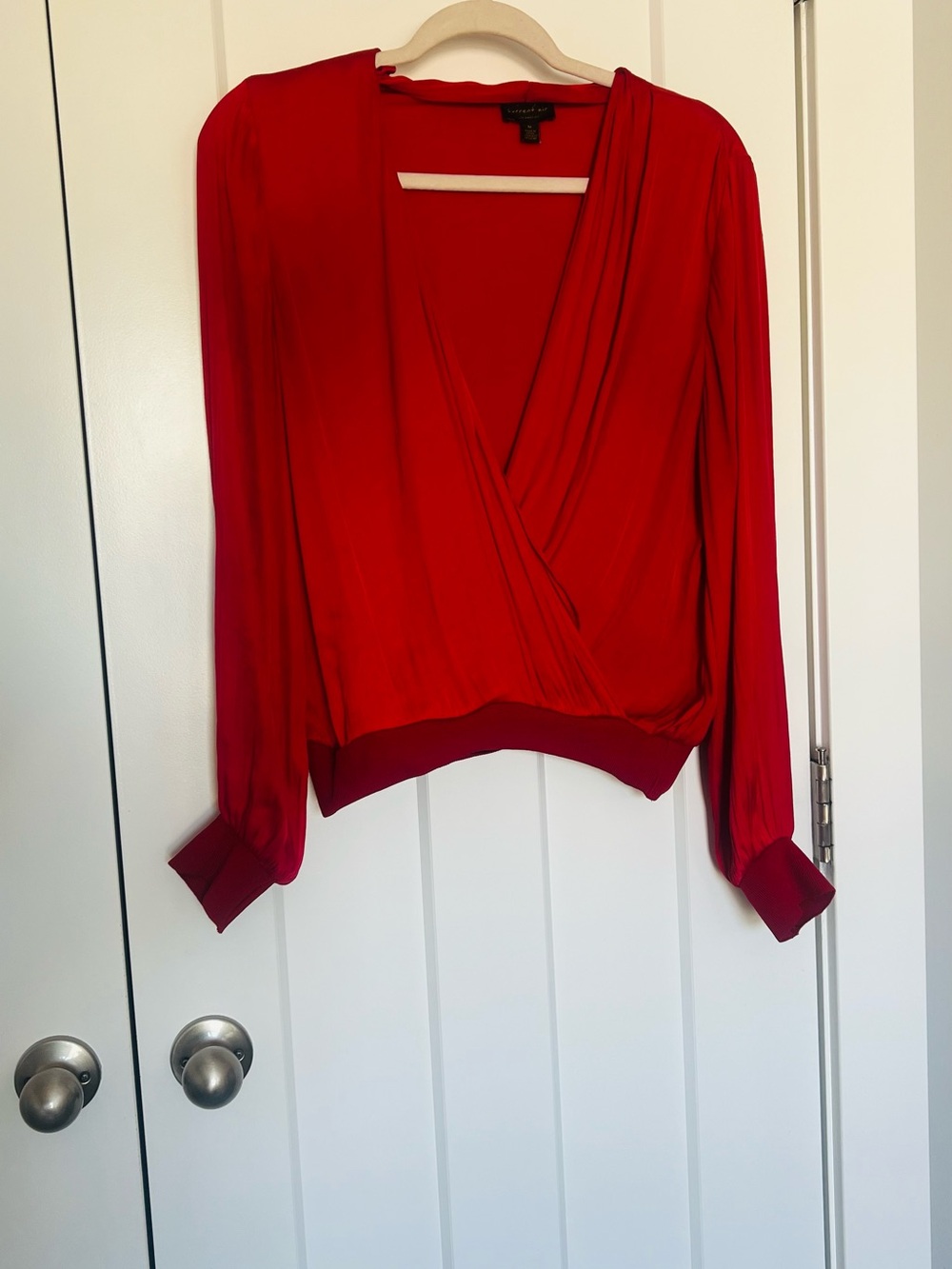 Current Air Red Draped Surplice Long-Sleeve Blouse